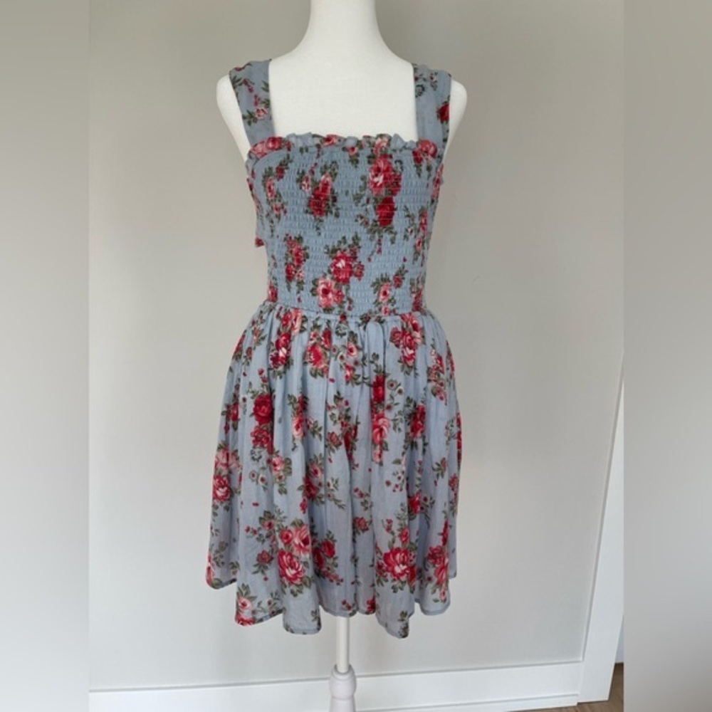 NSR blue with pink floral summer knee length dress size S Prairie Cottagecore - Picture 2 of 10